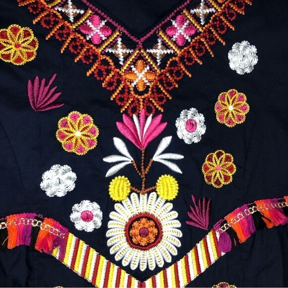 Floryday EMBROIDERY Midi Dress Tiered with Tassels Navy Size Small - Picture 8 of 11